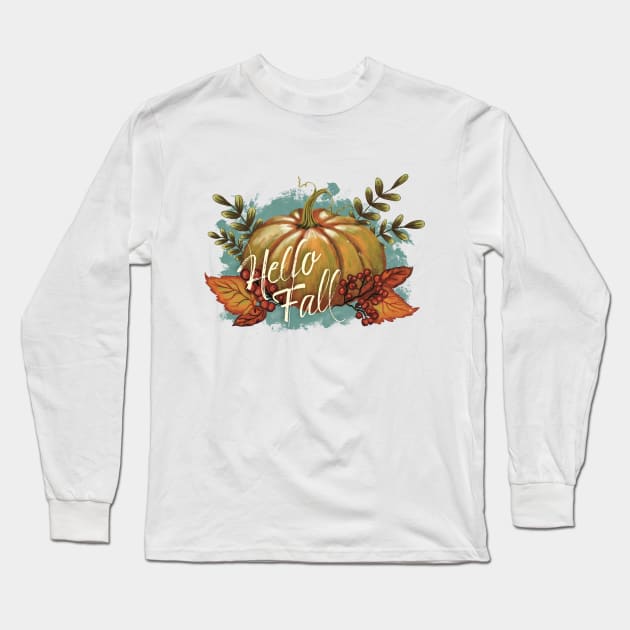 Hello Fall Pumpkin Long Sleeve T-Shirt by Zunza.Art